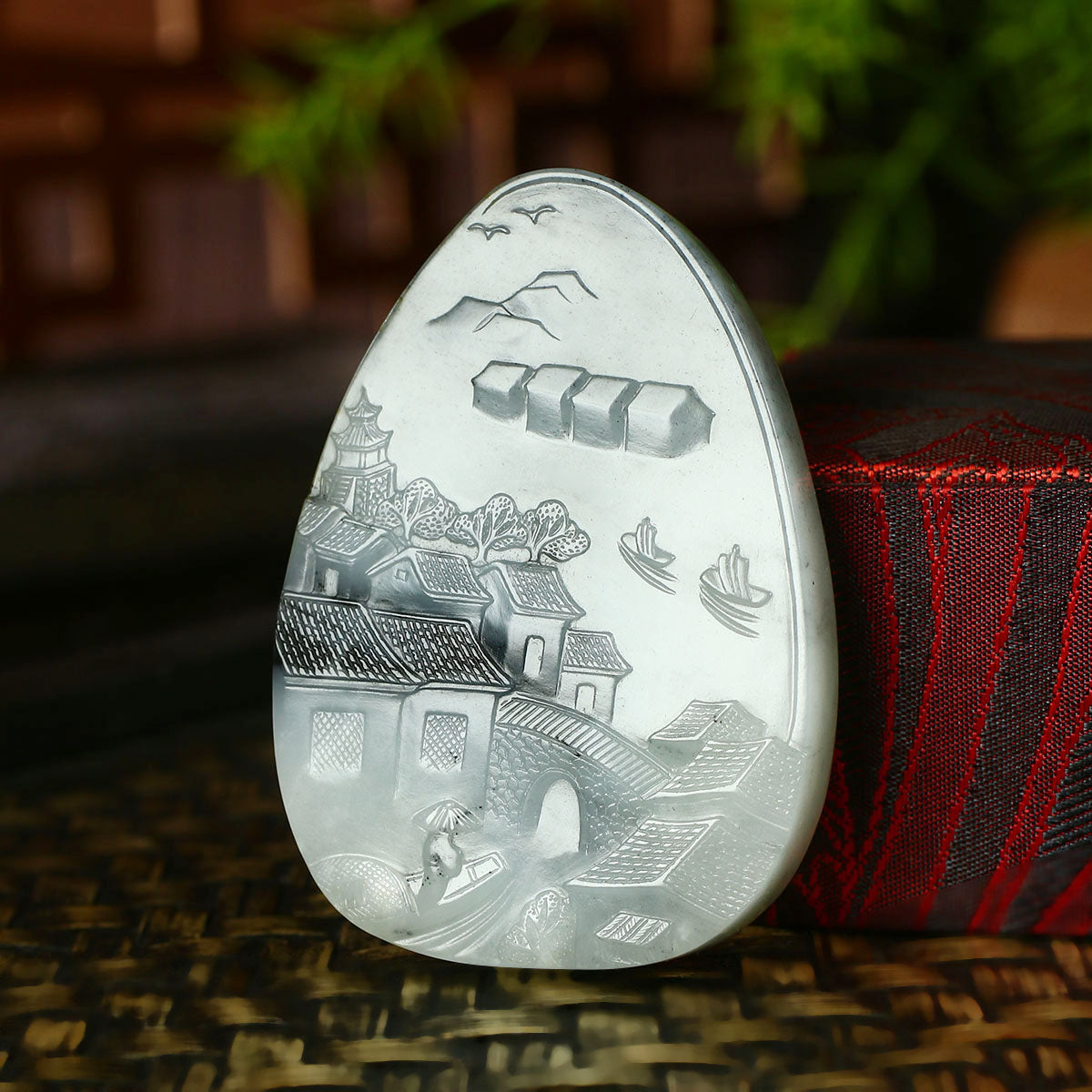 A2081 Superb Chinese Natural Hetian Jade Low Relief Mountain River Scene & Boat & Figure Pendant