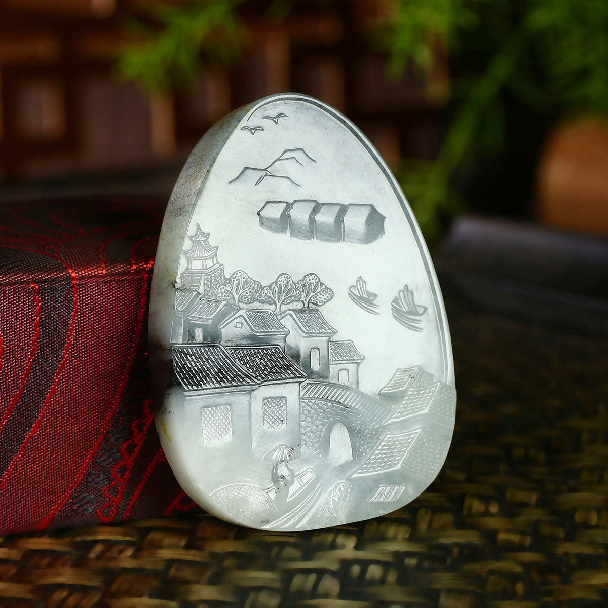 A2081 Superb Chinese Natural Hetian Jade Low Relief Mountain River Scene & Boat & Figure Pendant