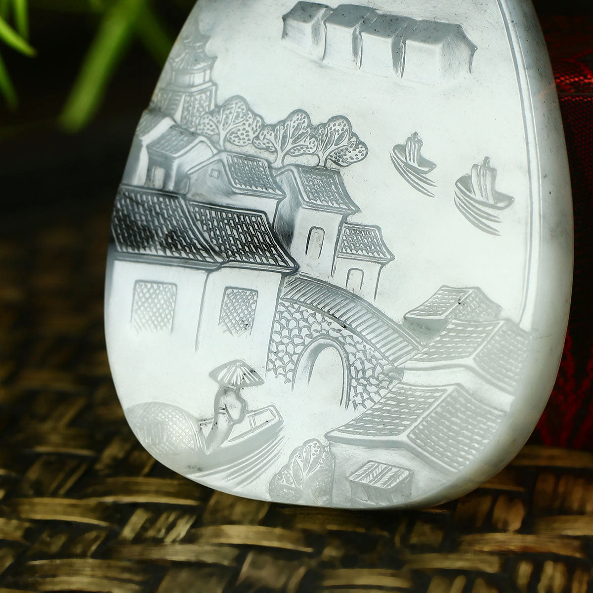 A2081 Superb Chinese Natural Hetian Jade Low Relief Mountain River Scene & Boat & Figure Pendant