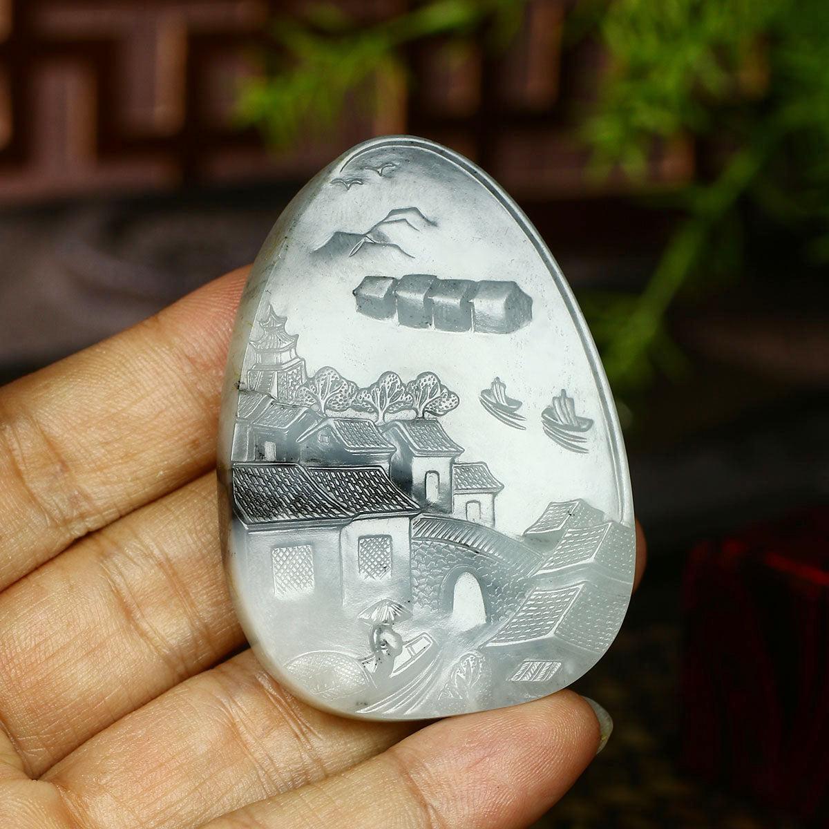 A2081 Superb Chinese Natural Hetian Jade Low Relief Mountain River Scene & Boat & Figure Pendant