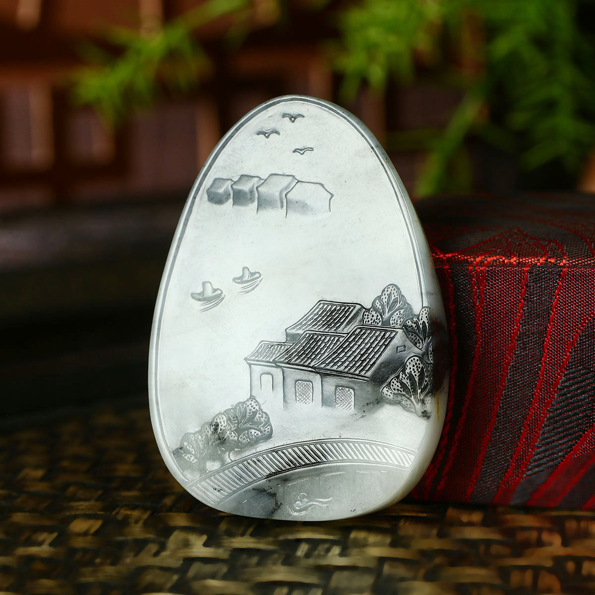 A2081 Superb Chinese Natural Hetian Jade Low Relief Mountain River Scene & Boat & Figure Pendant