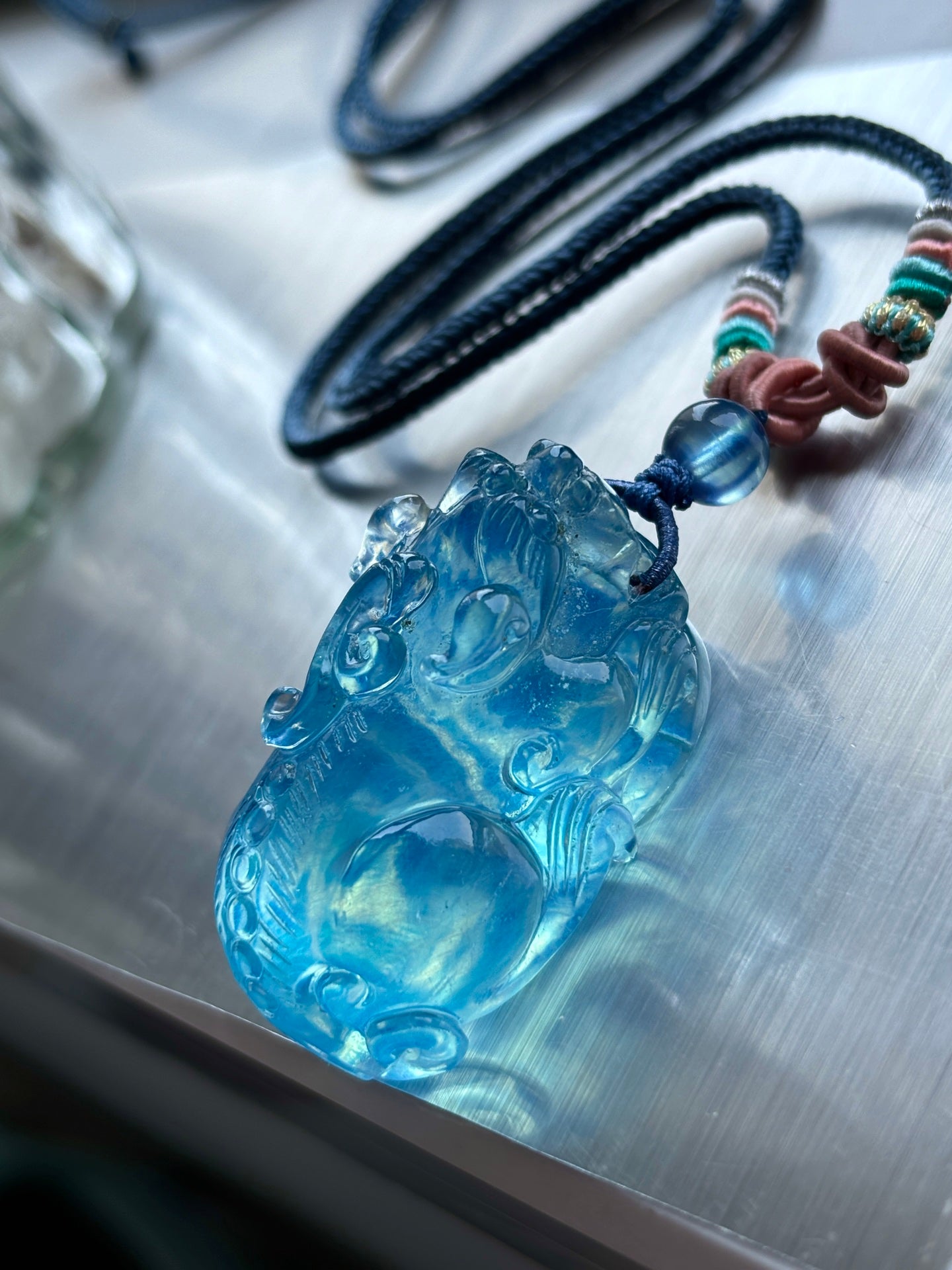 A2086 Beautiful Aquamarine Carved Fortune Pixiu Pendant w Hand Woven Necklace