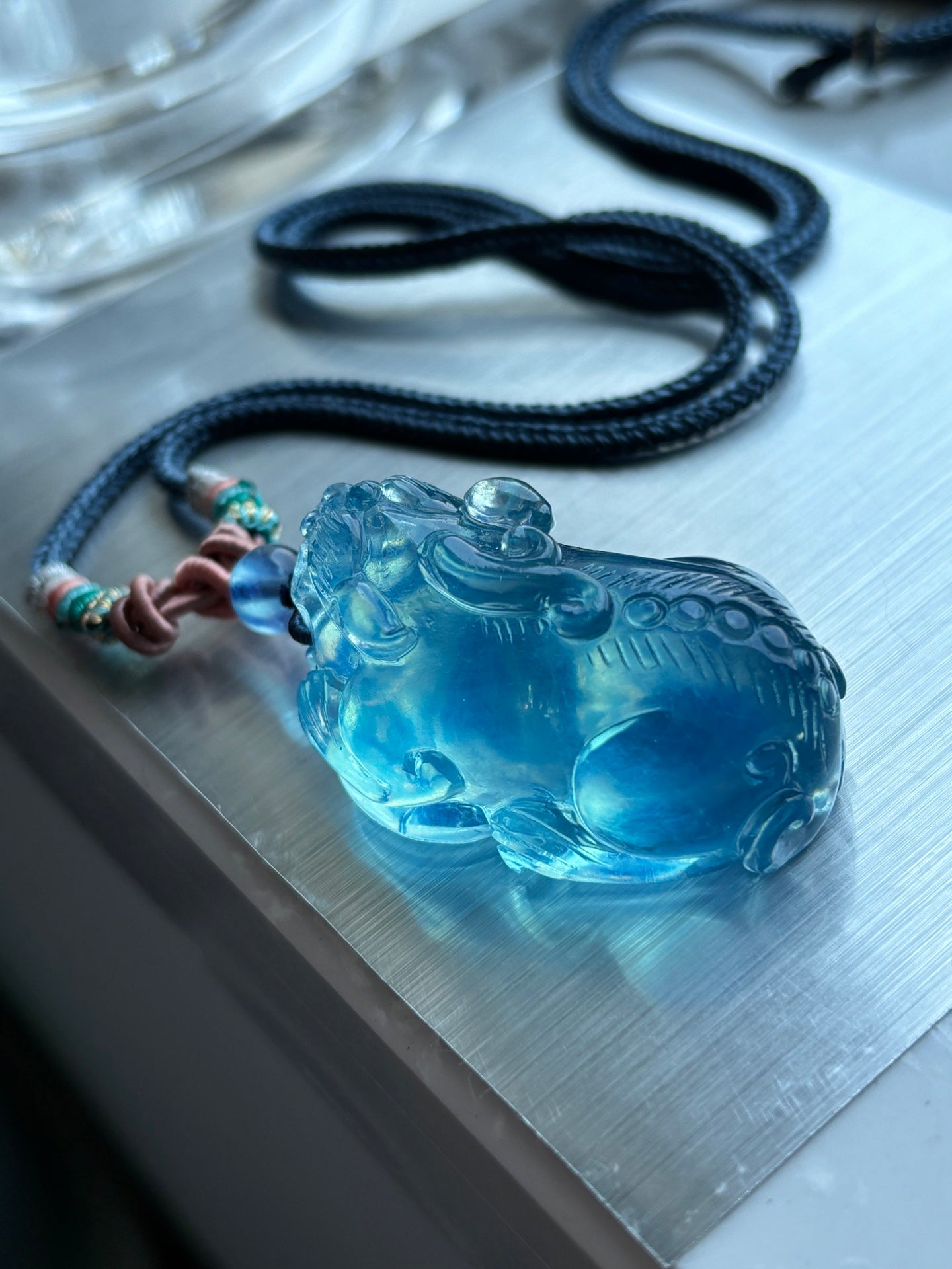 A2086 Beautiful Aquamarine Carved Fortune Pixiu Pendant w Hand Woven Necklace
