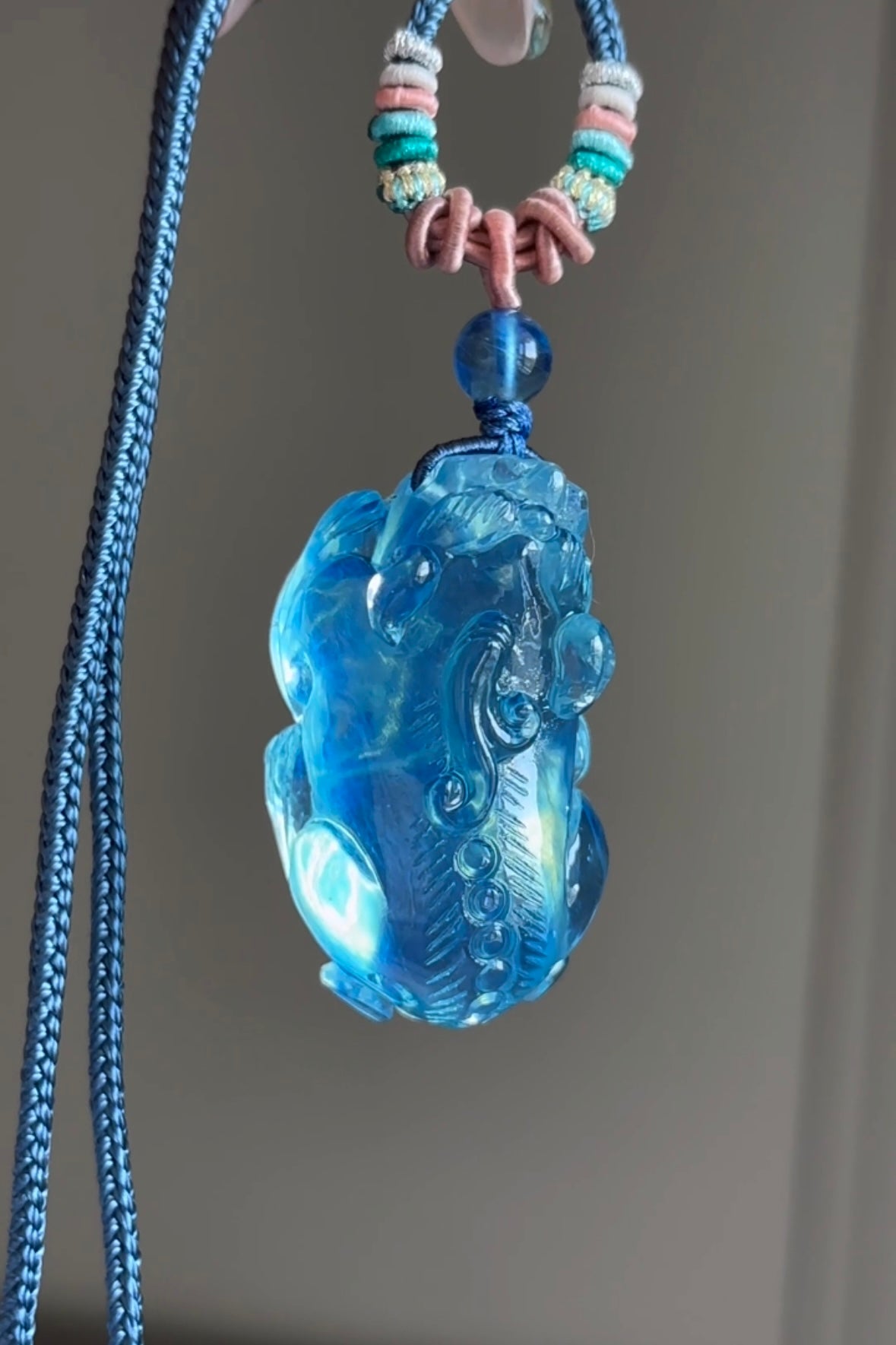 A2086 Beautiful Aquamarine Carved Fortune Pixiu Pendant w Hand Woven Necklace