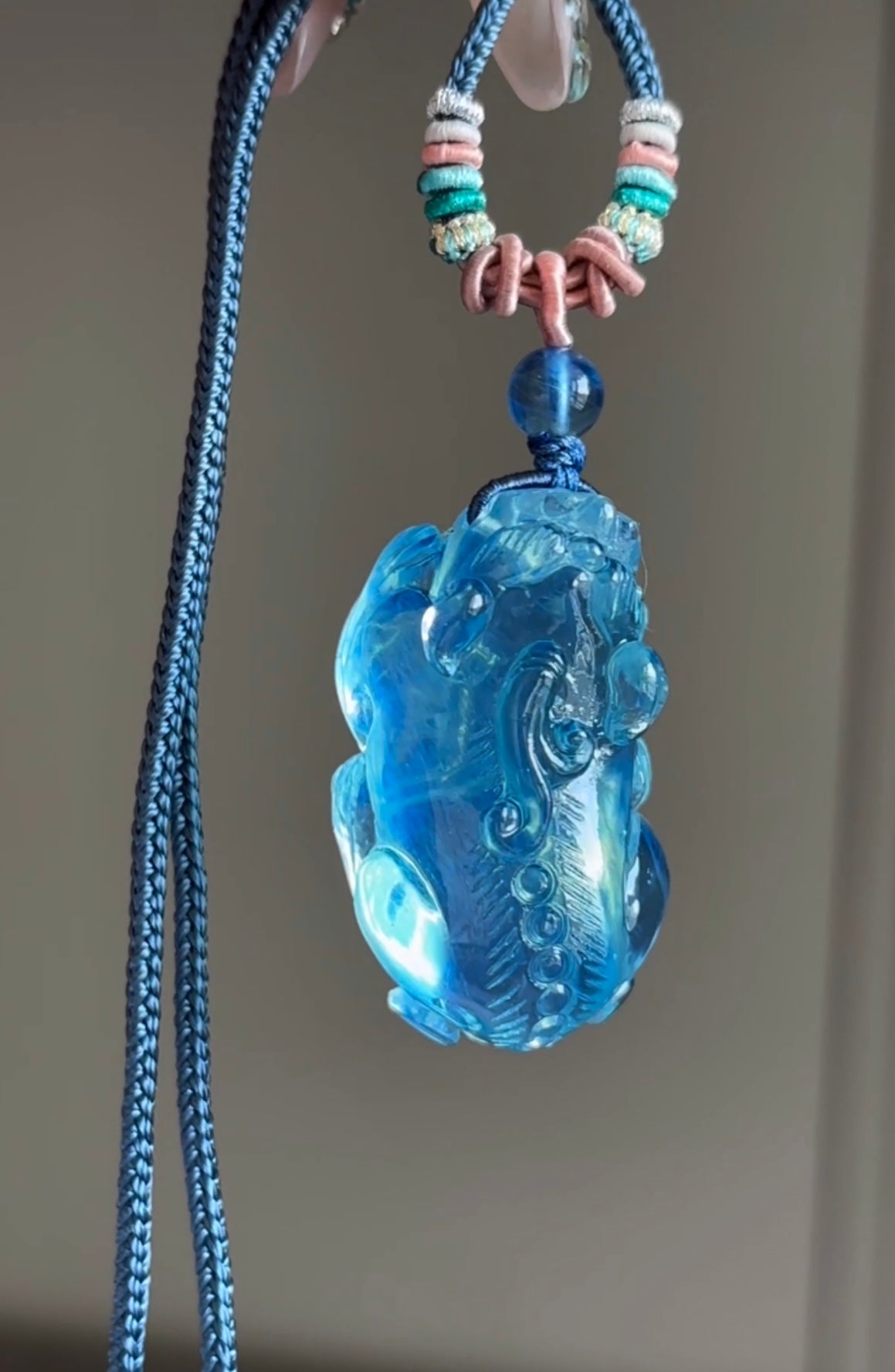 A2086 Beautiful Aquamarine Carved Fortune Pixiu Pendant w Hand Woven Necklace