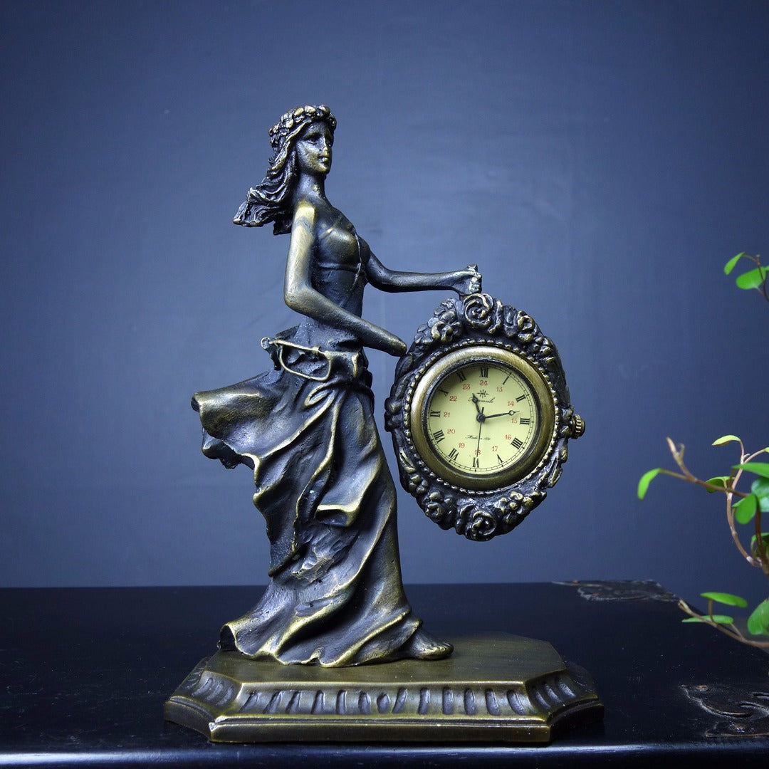 A2091 Vintage Bronze Beautiful Woman Mechanical Clock