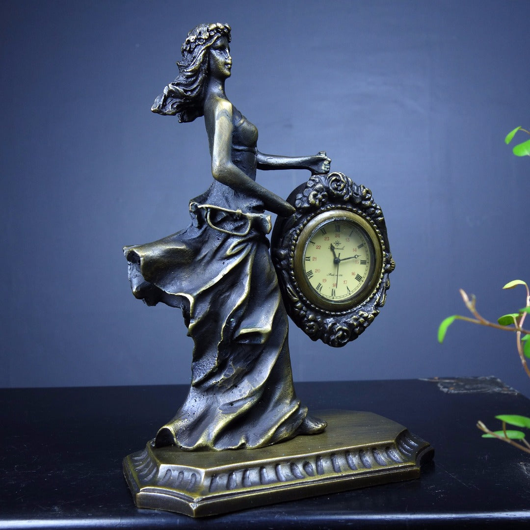 A2091 Vintage Bronze Beautiful Woman Mechanical Clock