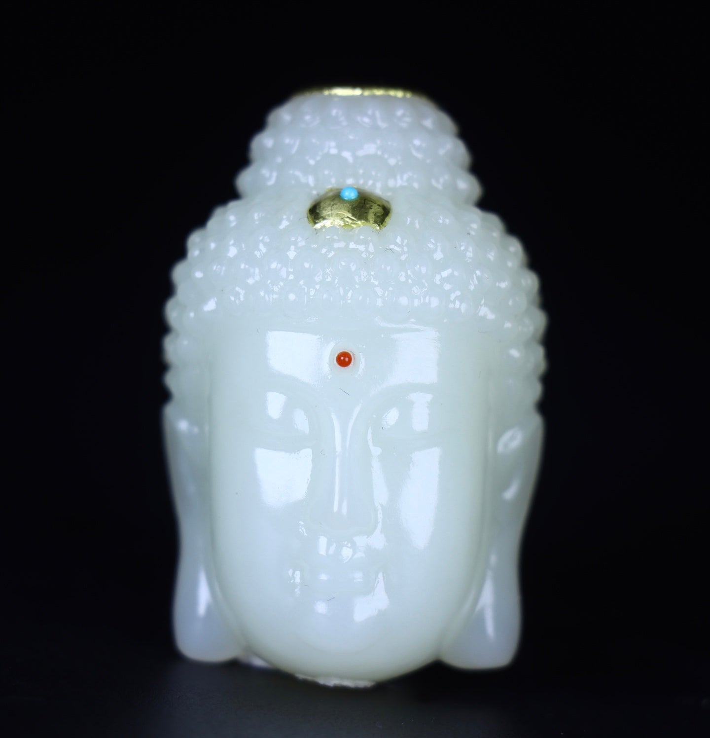 A2093 Superb Chinese Gilt Gold White Hetian Jade Carved Buddha Bead Statue