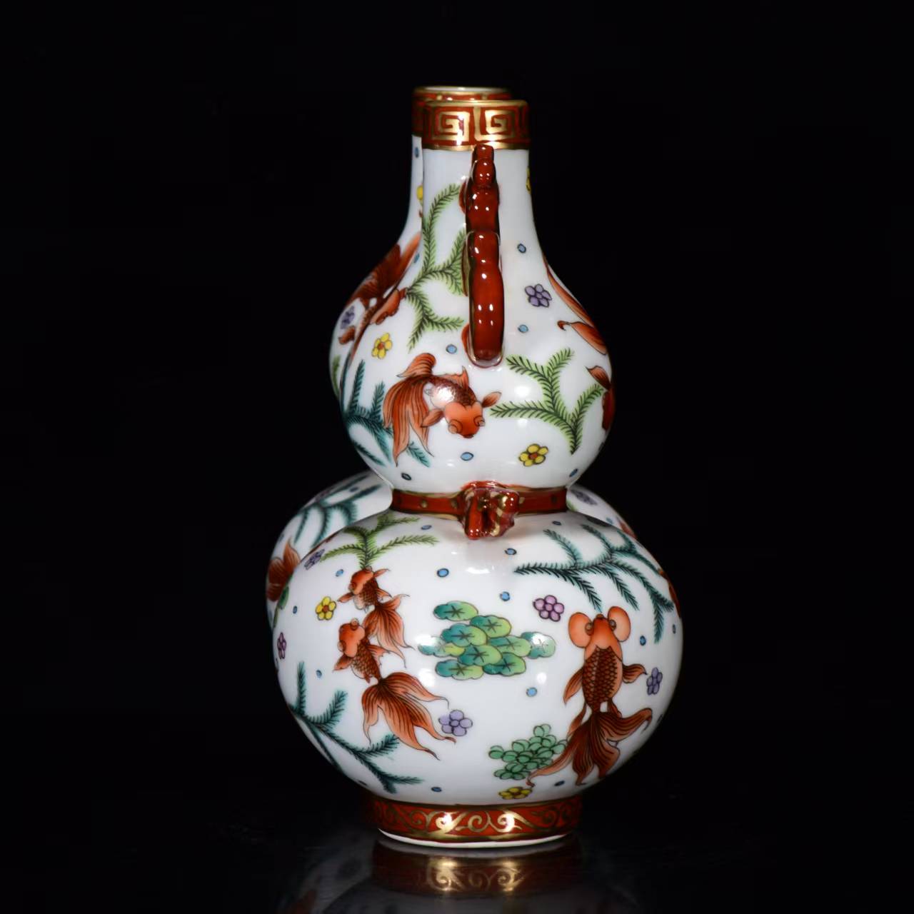 A2095 Chinese Gilt Edge Famille Rose Conjoined Gourd Shape Porcelain Vase