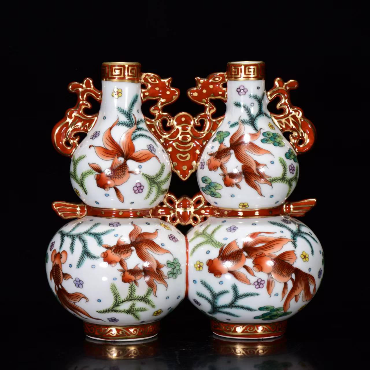 A2095 Chinese Gilt Edge Famille Rose Conjoined Gourd Shape Porcelain Vase
