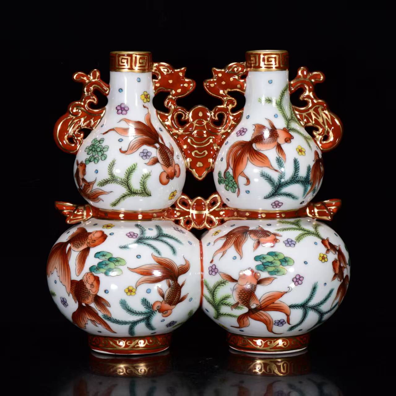 A2095 Chinese Gilt Edge Famille Rose Conjoined Gourd Shape Porcelain Vase