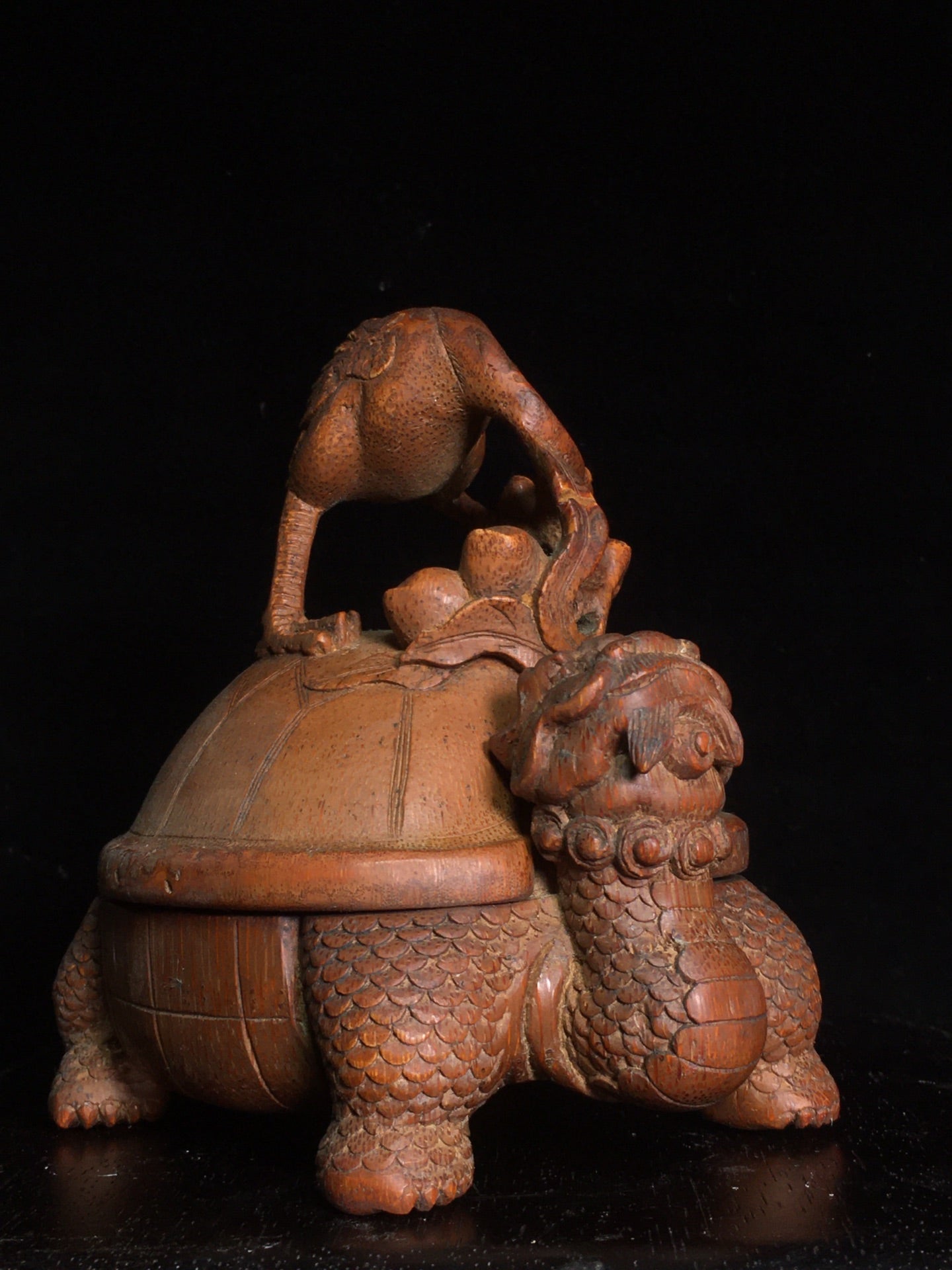 A2097 Vintage Chinese Bamboo Carved Dragon Turtle & Crane Statue