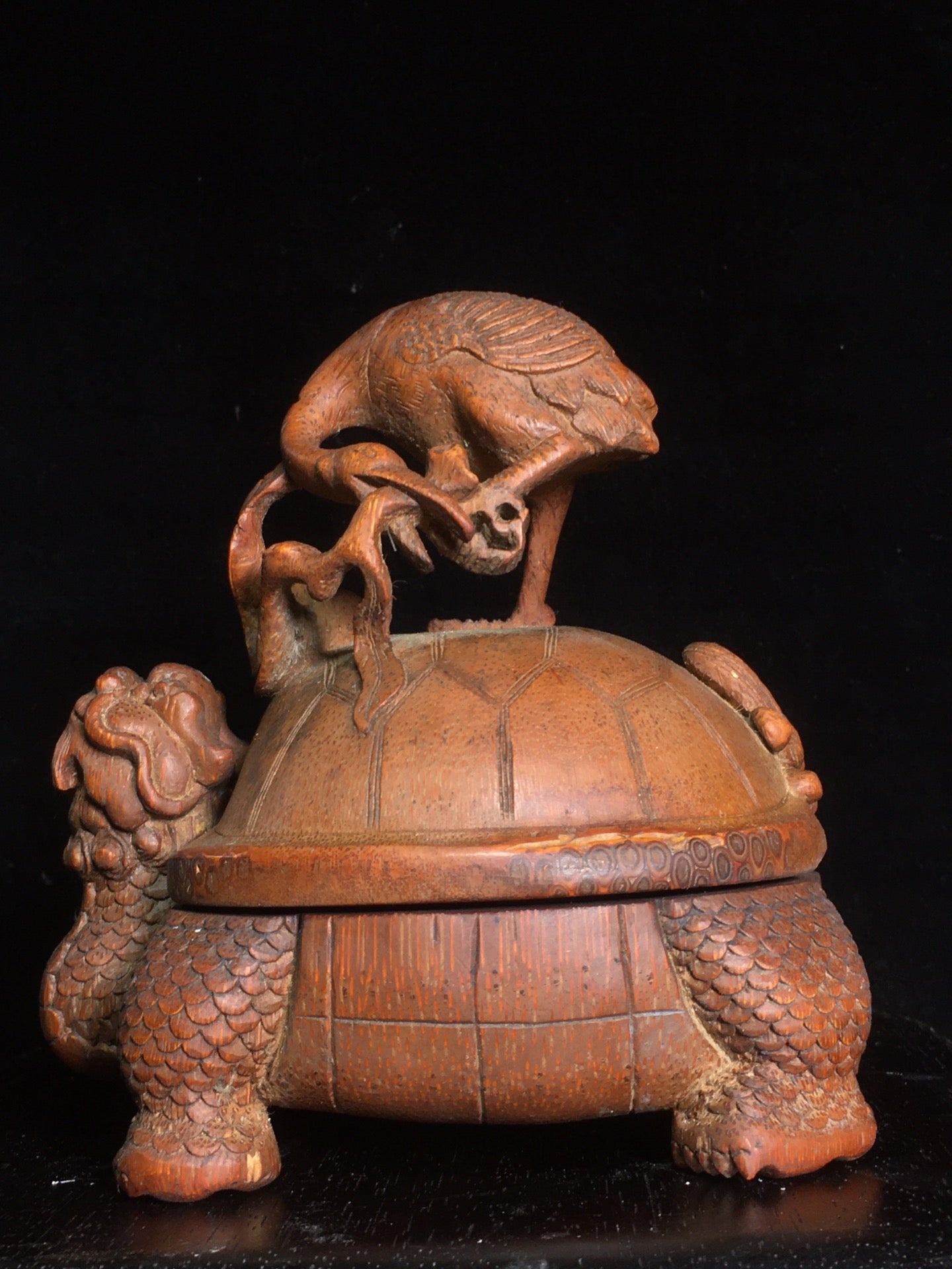 A2097 Vintage Chinese Bamboo Carved Dragon Turtle & Crane Statue