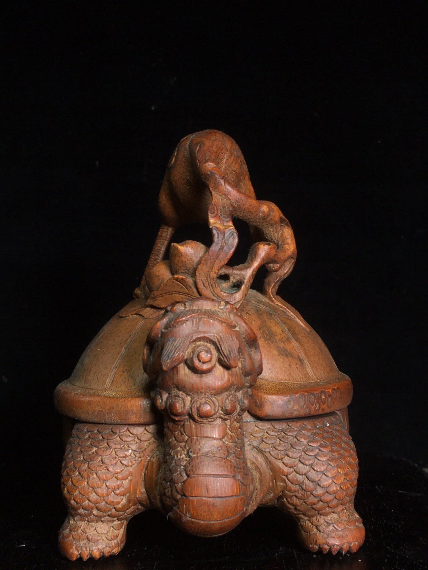 A2097 Vintage Chinese Bamboo Carved Dragon Turtle & Crane Statue