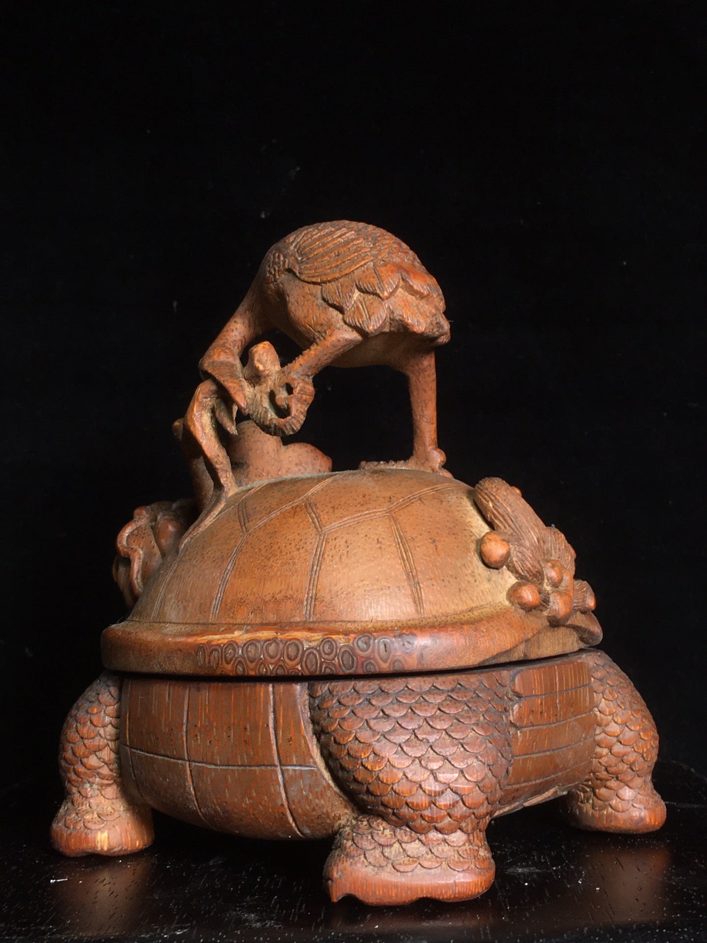 A2097 Vintage Chinese Bamboo Carved Dragon Turtle & Crane Statue