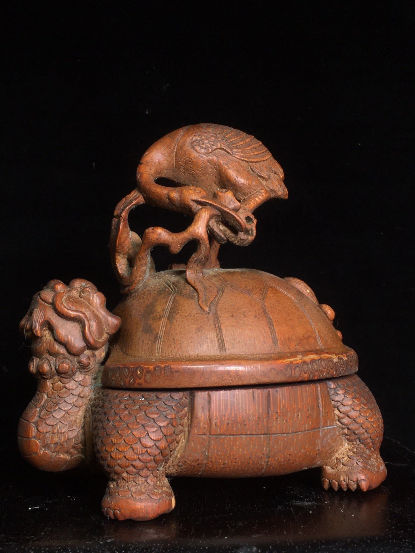 A2097 Vintage Chinese Bamboo Carved Dragon Turtle & Crane Statue