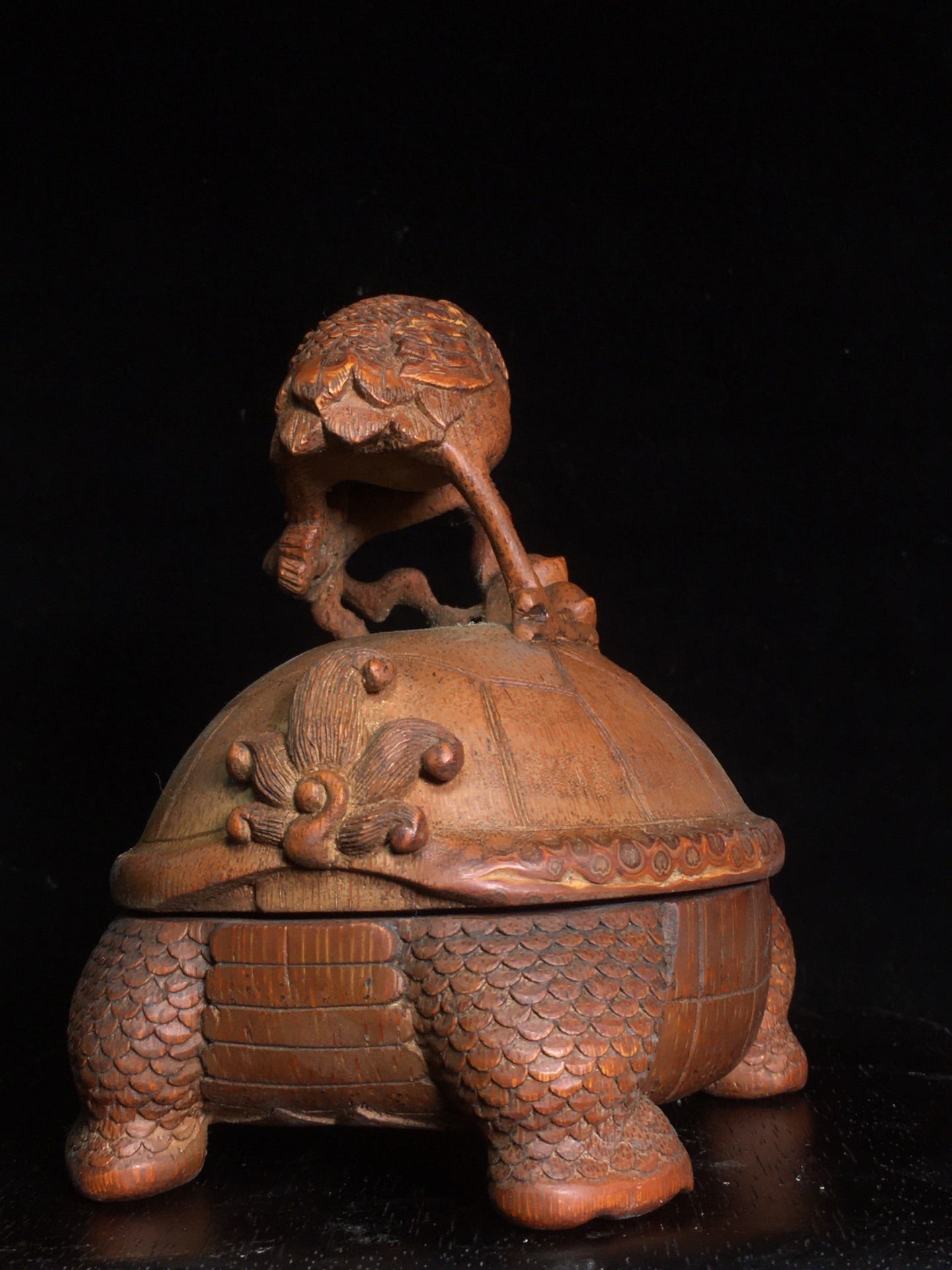 A2097 Vintage Chinese Bamboo Carved Dragon Turtle & Crane Statue