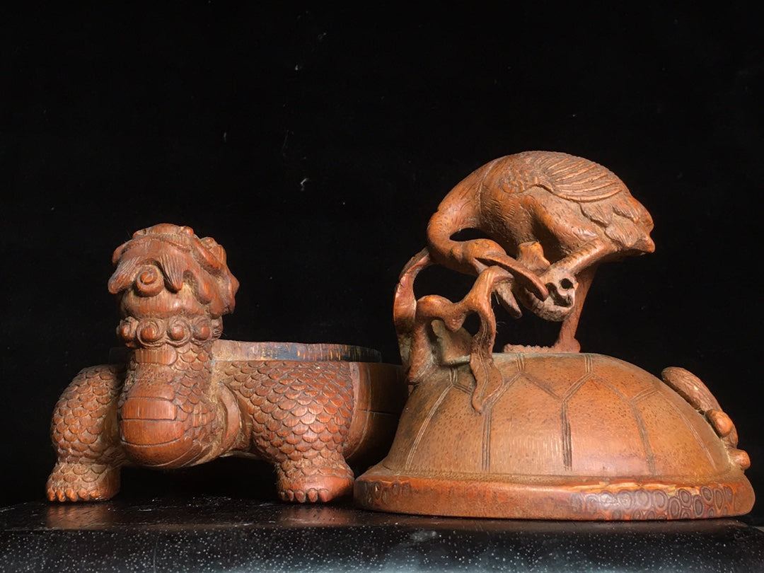 A2097 Vintage Chinese Bamboo Carved Dragon Turtle & Crane Statue
