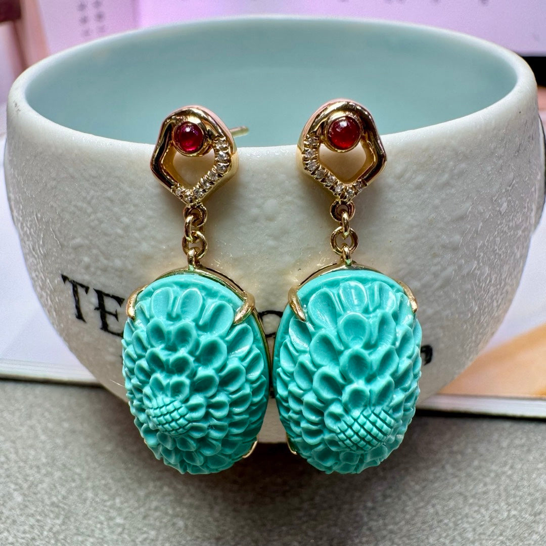 A2099 A Pair Exquisite 18K Gold Inlay Turquoise Earring
