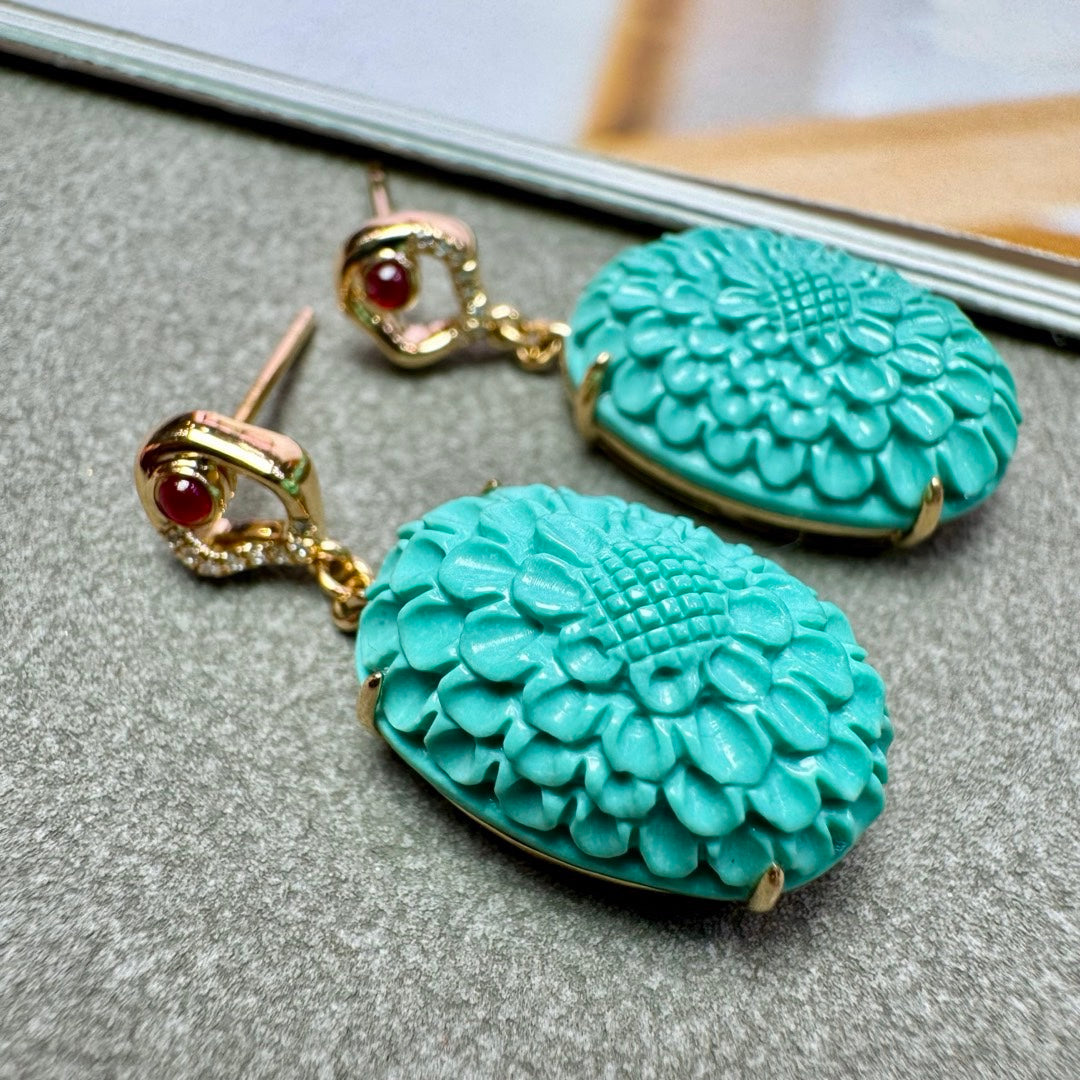 A2099 A Pair Exquisite 18K Gold Inlay Turquoise Earring