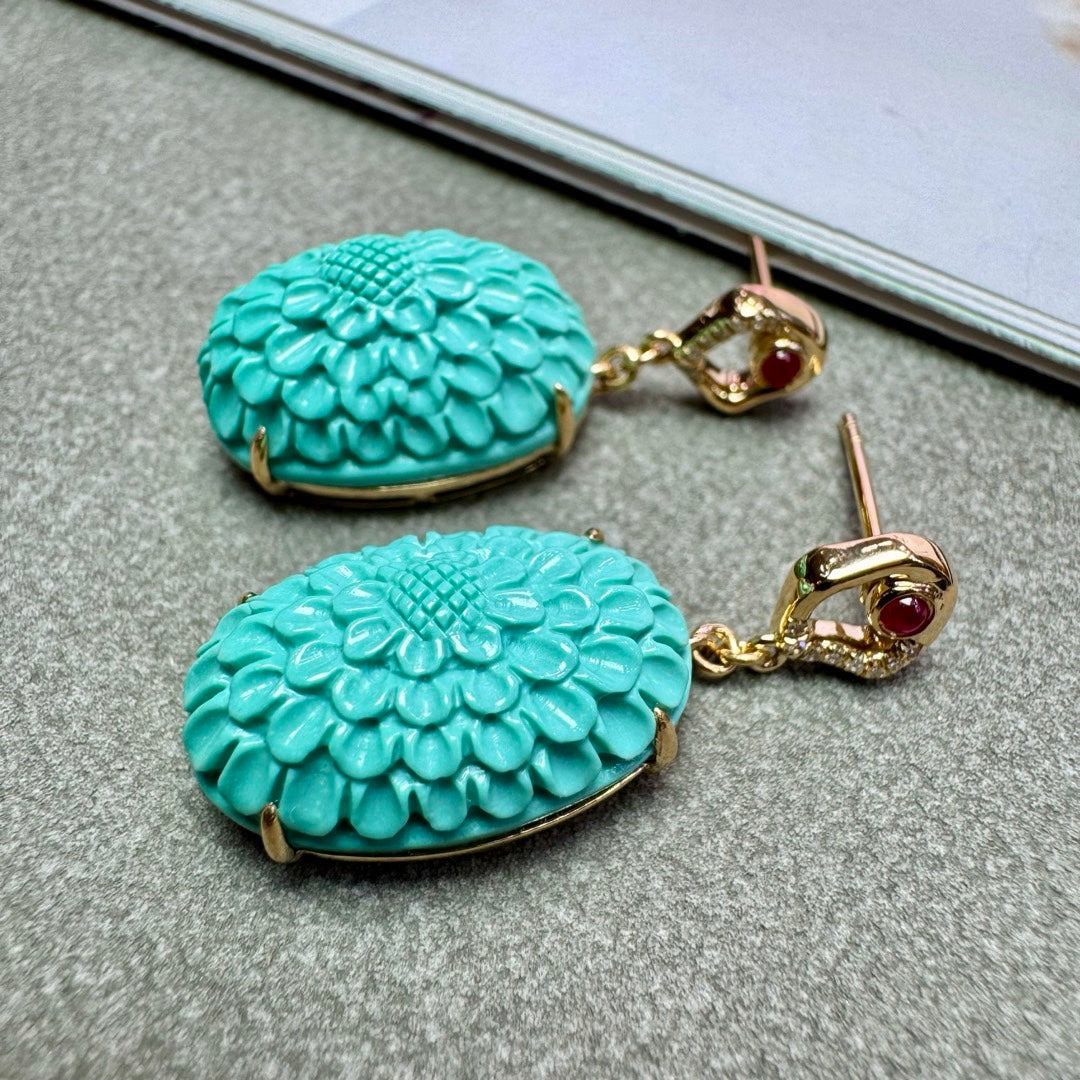 A2099 A Pair Exquisite 18K Gold Inlay Turquoise Earring