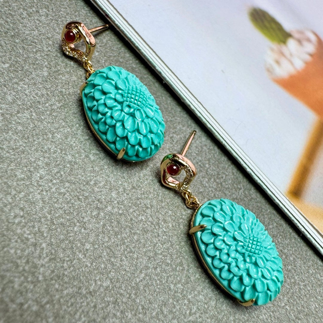 A2099 A Pair Exquisite 18K Gold Inlay Turquoise Earring