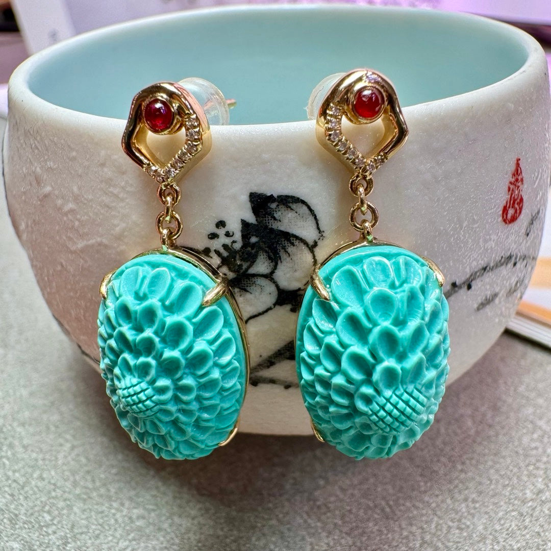 A2099 A Pair Exquisite 18K Gold Inlay Turquoise Earring