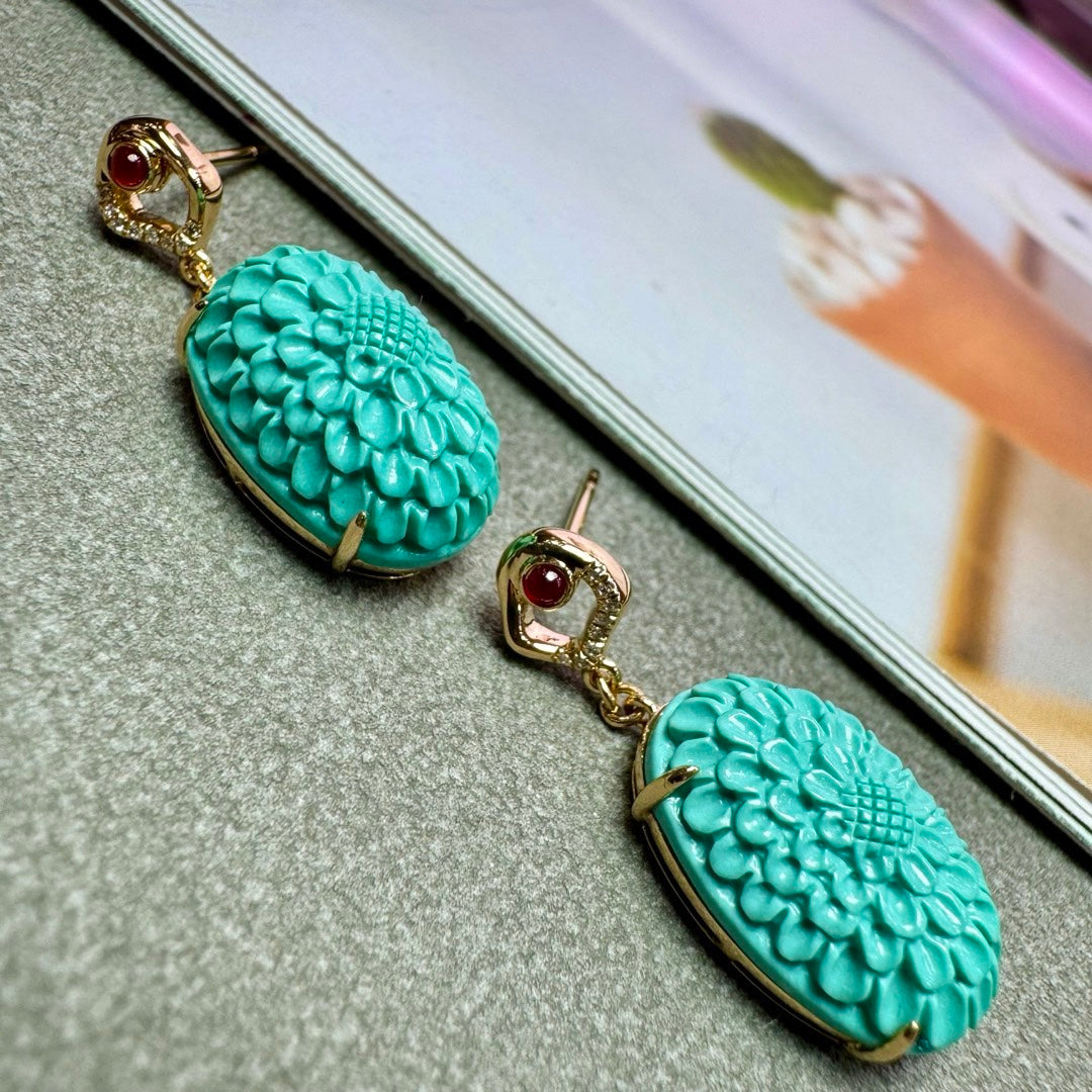 A2099 A Pair Exquisite 18K Gold Inlay Turquoise Earring