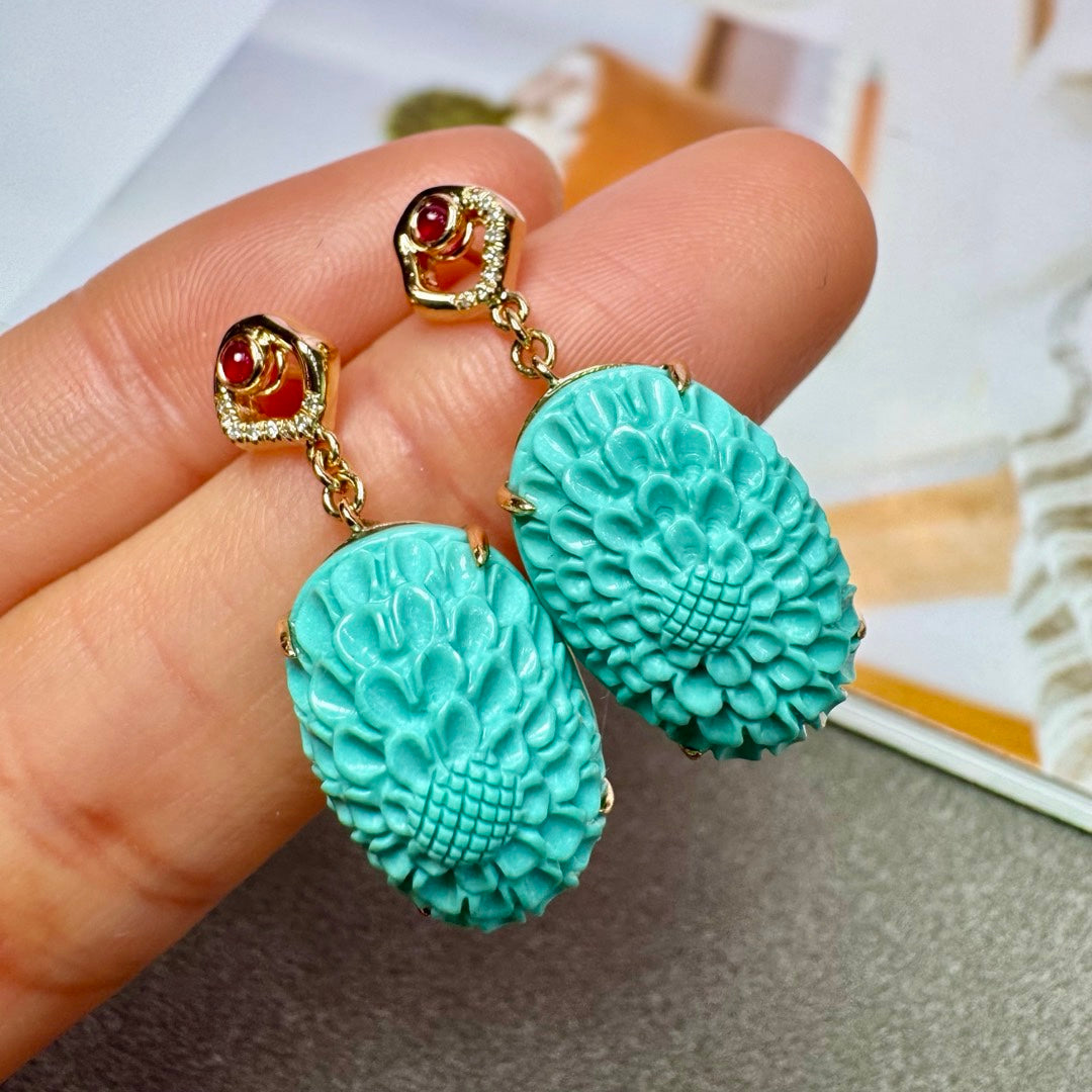 A2099 A Pair Exquisite 18K Gold Inlay Turquoise Earring