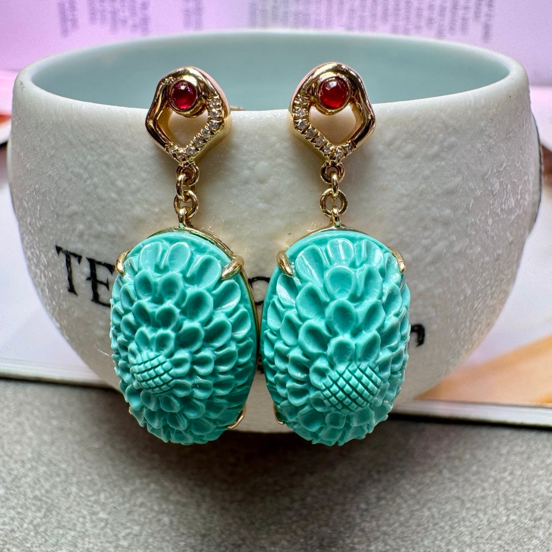 A2099 A Pair Exquisite 18K Gold Inlay Turquoise Earring