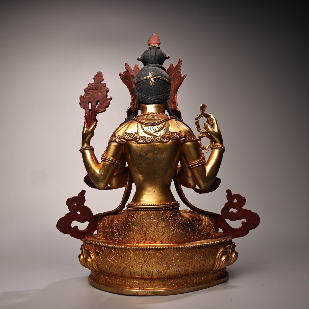 A2108 Superb Old Tibetan Gilt Gold Copper Inlay Gem Four Arm Kwan-yin Statue