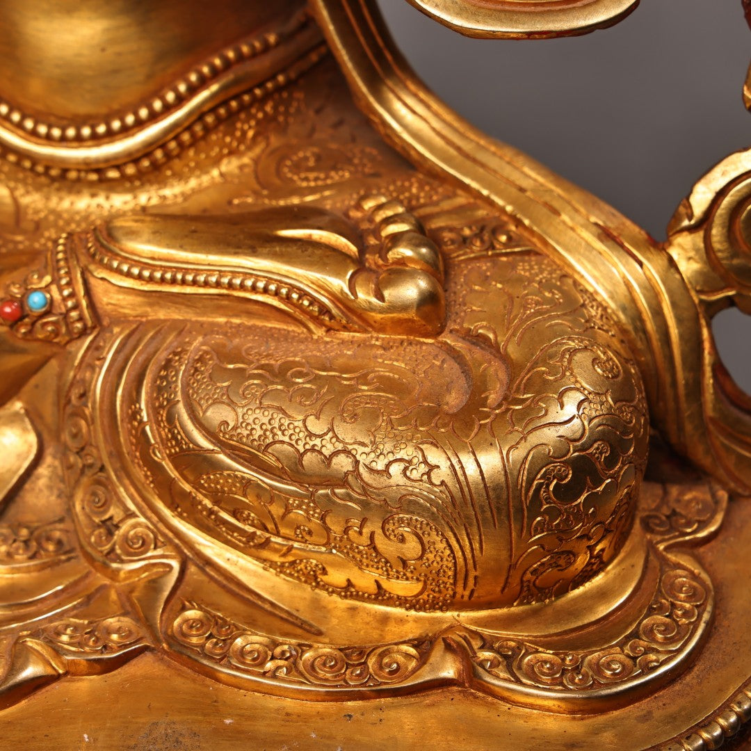 A2108 Superb Old Tibetan Gilt Gold Copper Inlay Gem Four Arm Kwan-yin Statue
