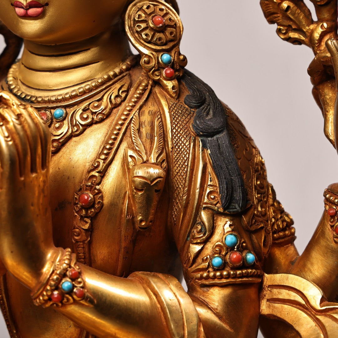 A2108 Superb Old Tibetan Gilt Gold Copper Inlay Gem Four Arm Kwan-yin Statue