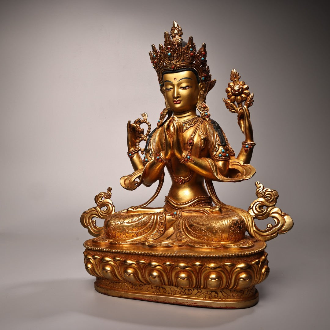 A2108 Superb Old Tibetan Gilt Gold Copper Inlay Gem Four Arm Kwan-yin Statue