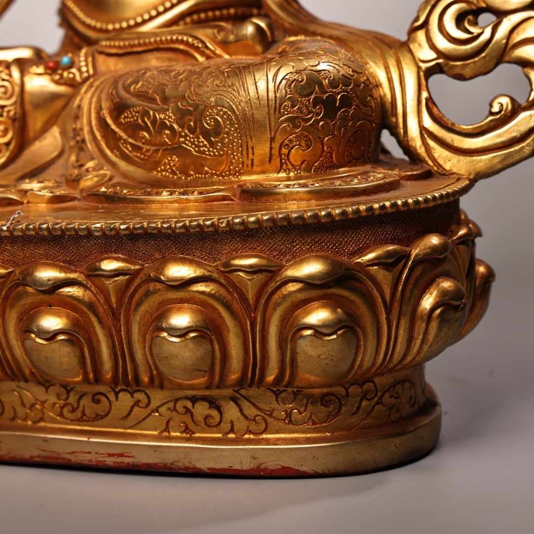 A2108 Superb Old Tibetan Gilt Gold Copper Inlay Gem Four Arm Kwan-yin Statue