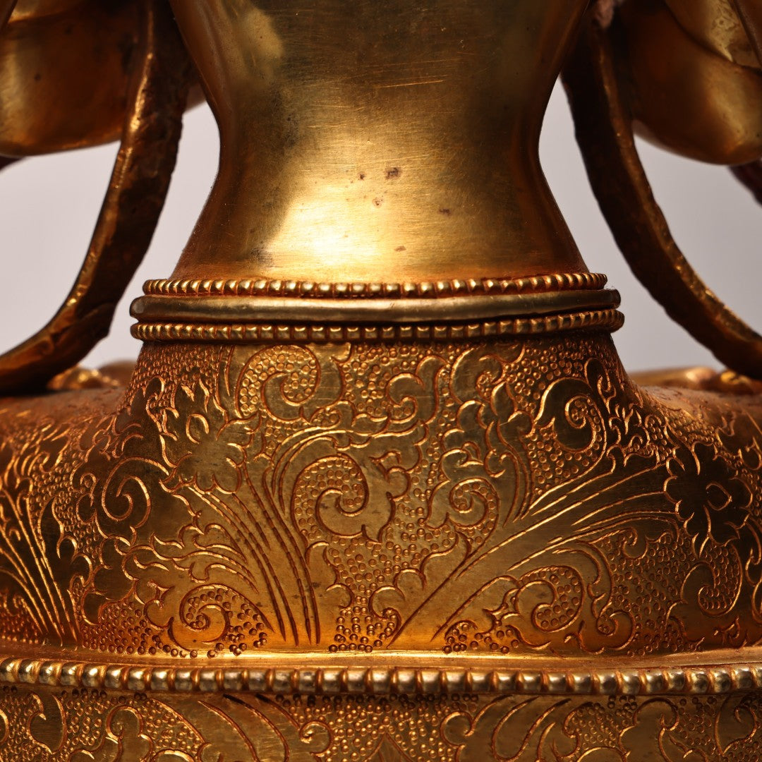 A2108 Superb Old Tibetan Gilt Gold Copper Inlay Gem Four Arm Kwan-yin Statue