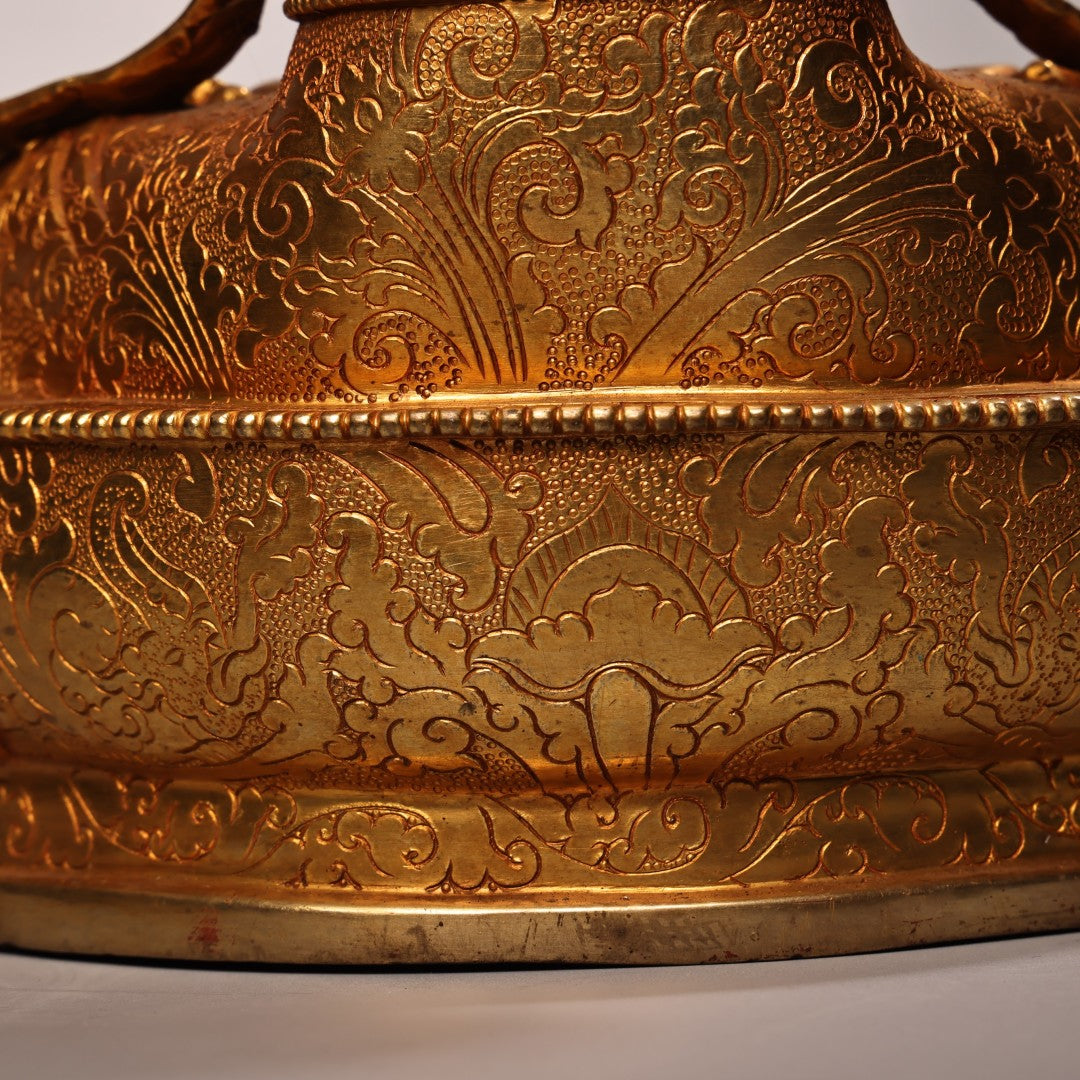 A2108 Superb Old Tibetan Gilt Gold Copper Inlay Gem Four Arm Kwan-yin Statue