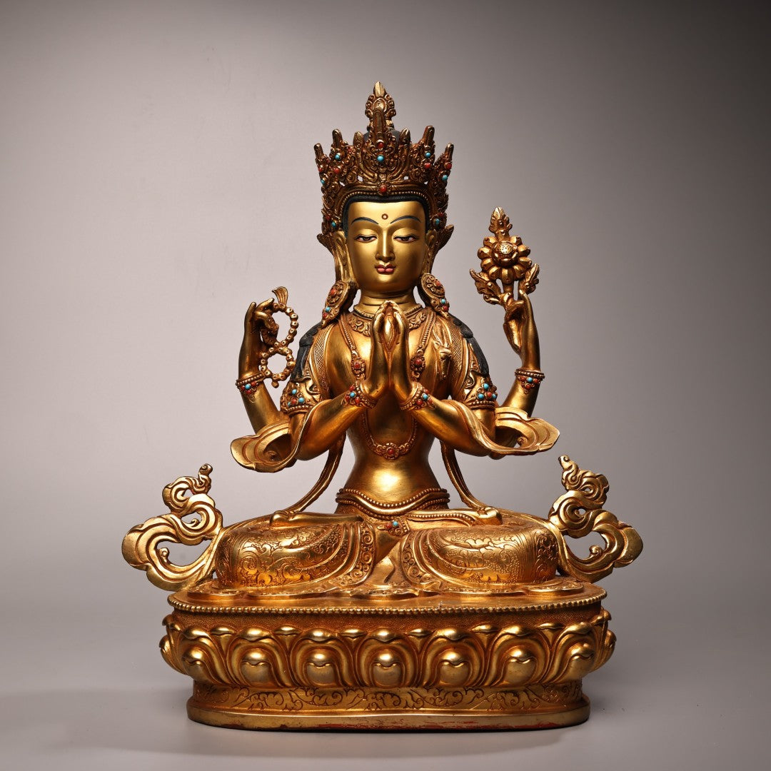 A2108 Superb Old Tibetan Gilt Gold Copper Inlay Gem Four Arm Kwan-yin Statue