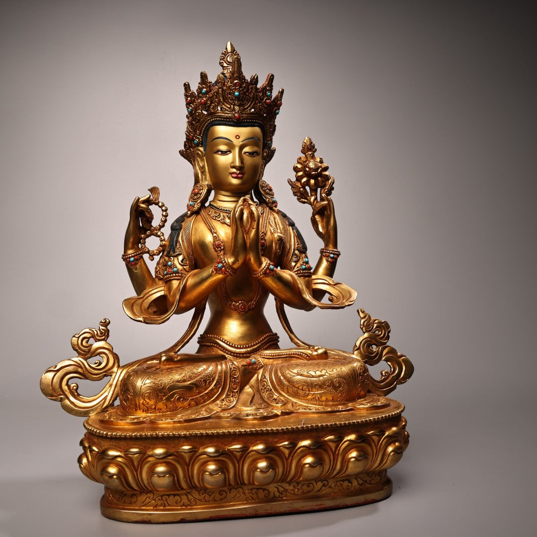 A2108 Superb Old Tibetan Gilt Gold Copper Inlay Gem Four Arm Kwan-yin Statue