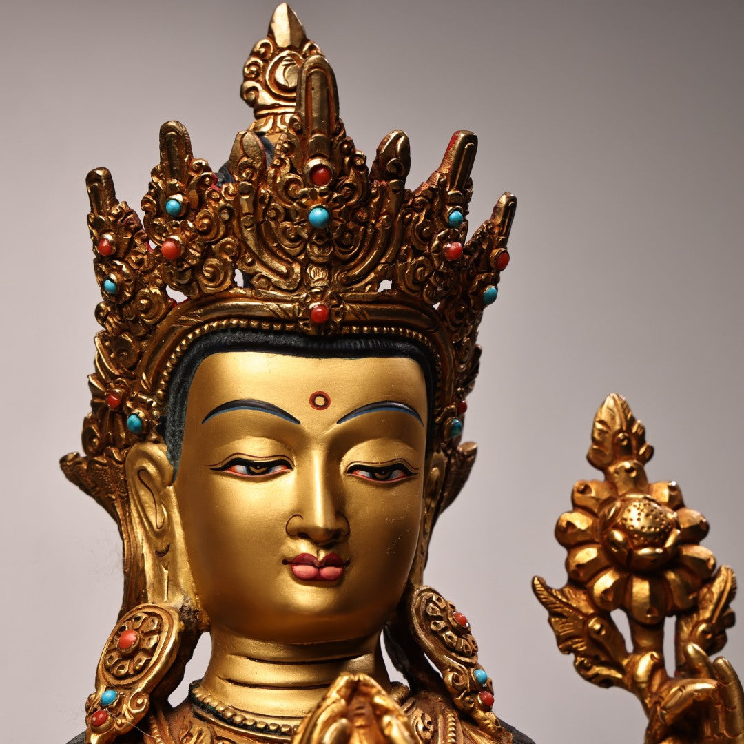 A2108 Superb Old Tibetan Gilt Gold Copper Inlay Gem Four Arm Kwan-yin Statue