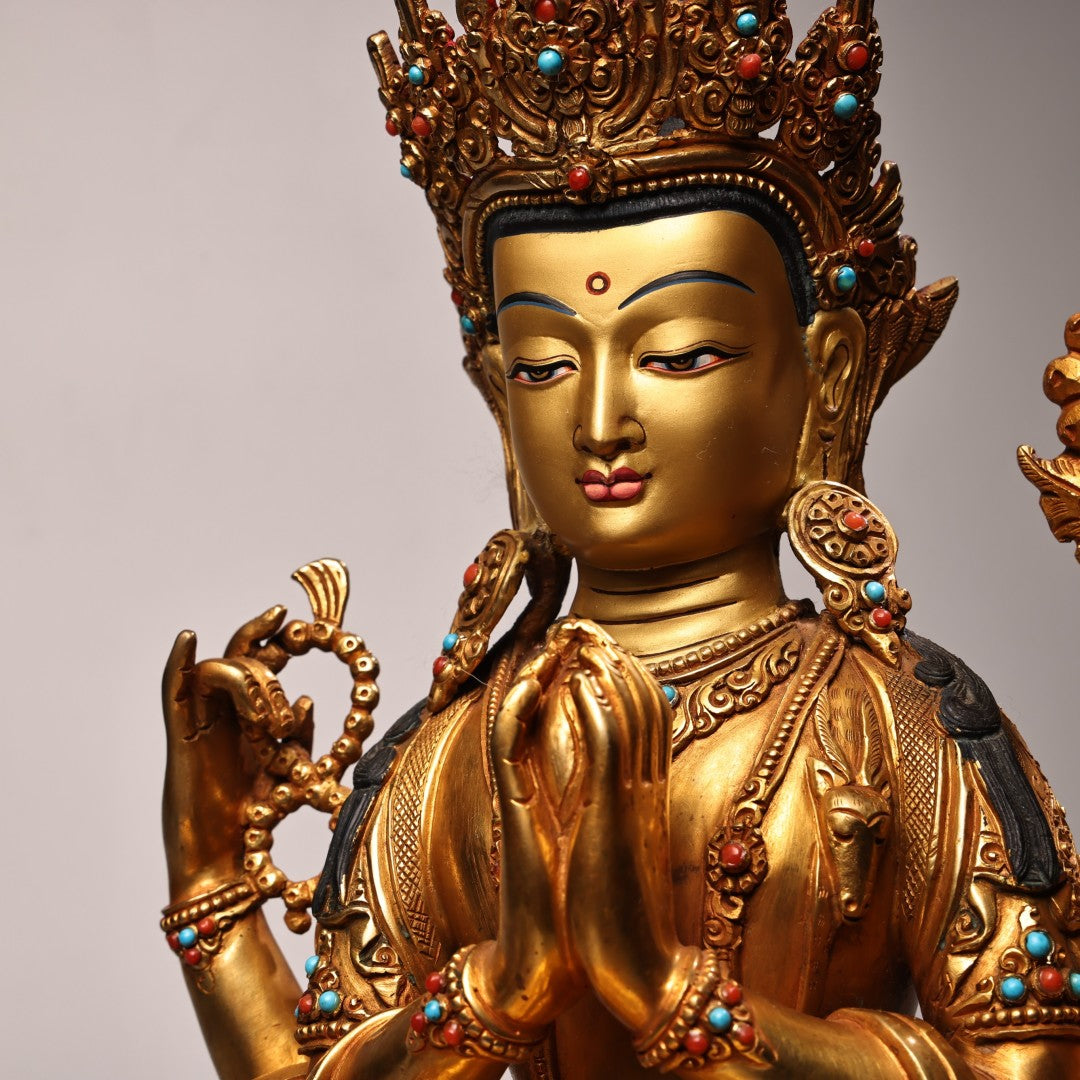A2108 Superb Old Tibetan Gilt Gold Copper Inlay Gem Four Arm Kwan-yin Statue