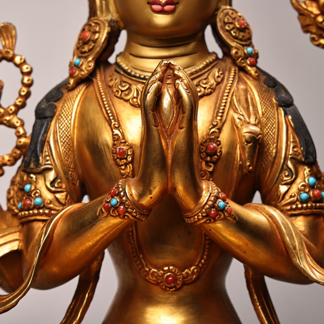A2108 Superb Old Tibetan Gilt Gold Copper Inlay Gem Four Arm Kwan-yin Statue
