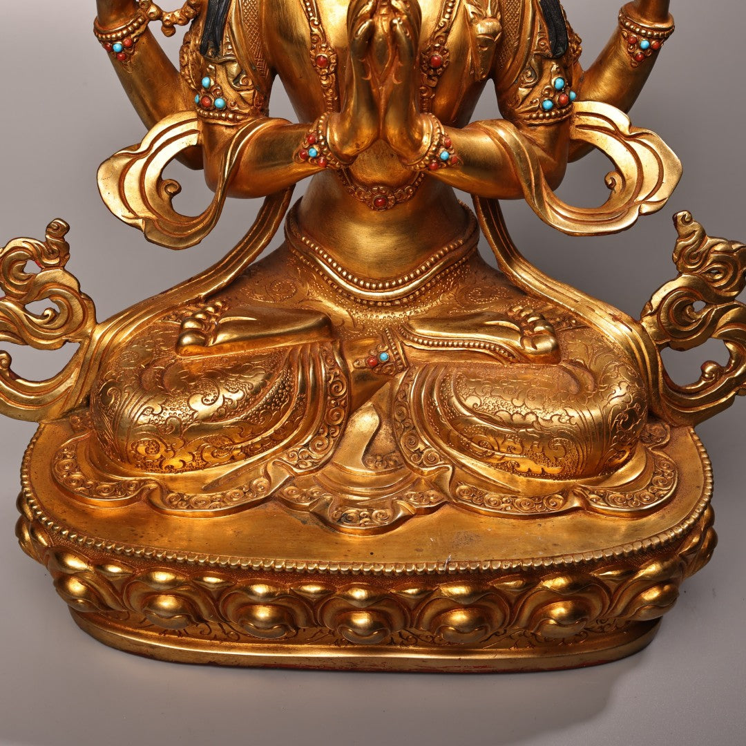 A2108 Superb Old Tibetan Gilt Gold Copper Inlay Gem Four Arm Kwan-yin Statue