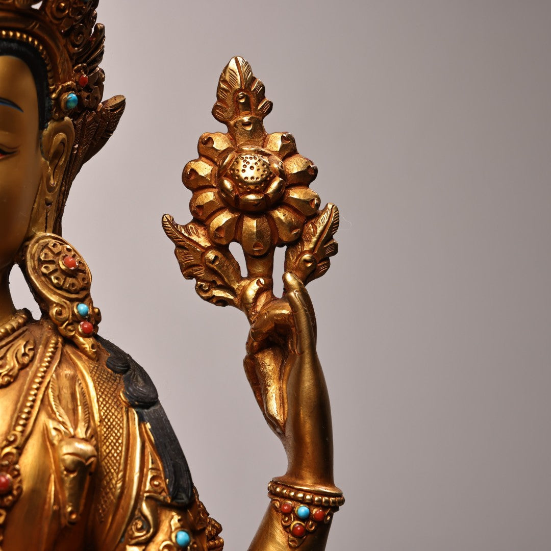 A2108 Superb Old Tibetan Gilt Gold Copper Inlay Gem Four Arm Kwan-yin Statue