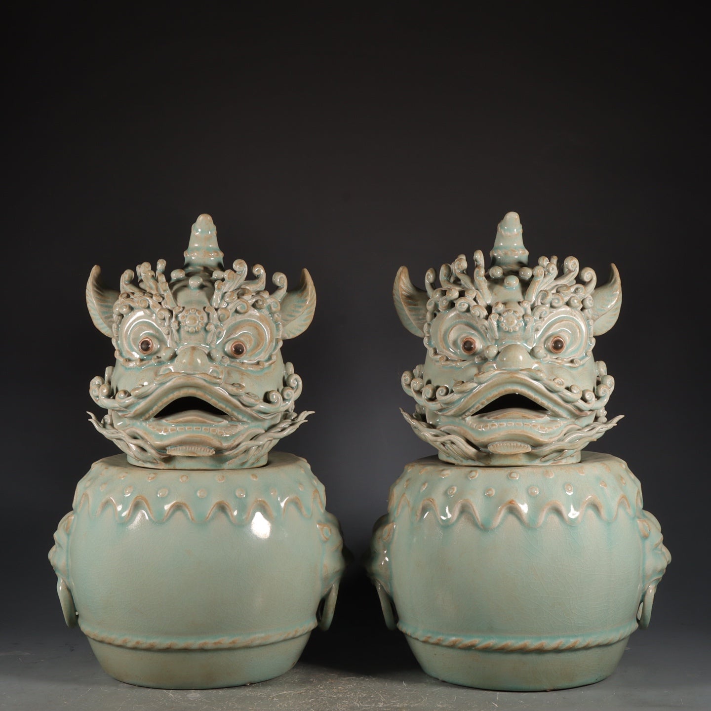 A2111 A Pair Chinese Ru Kiln Fortune Lion Porcelain Incense Burner