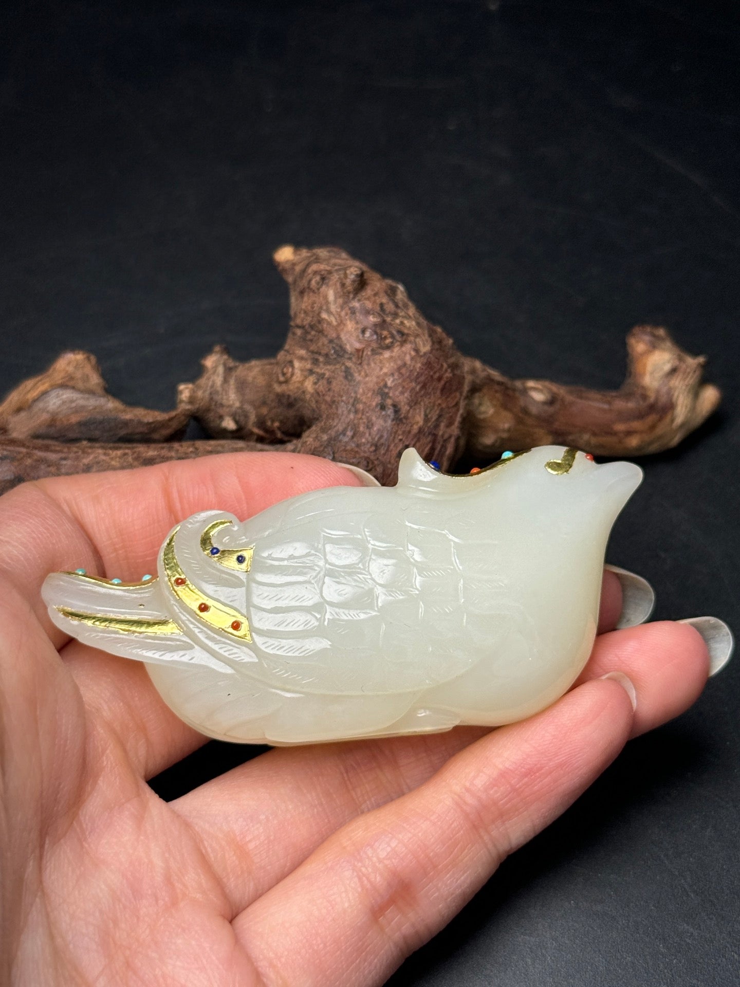 A2119 Superb Chinese Gilt Gold White Hetian Bird Pendant