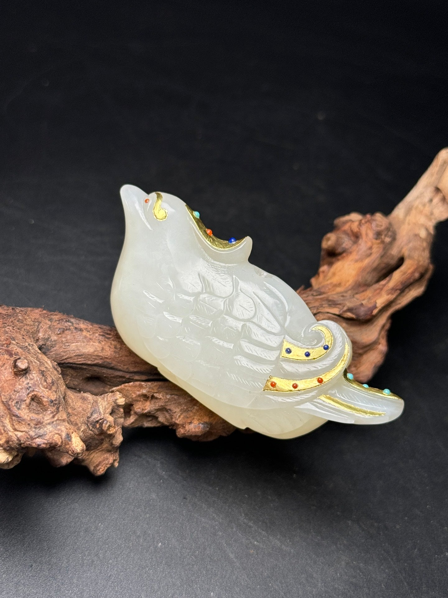 A2119 Superb Chinese Gilt Gold White Hetian Bird Pendant