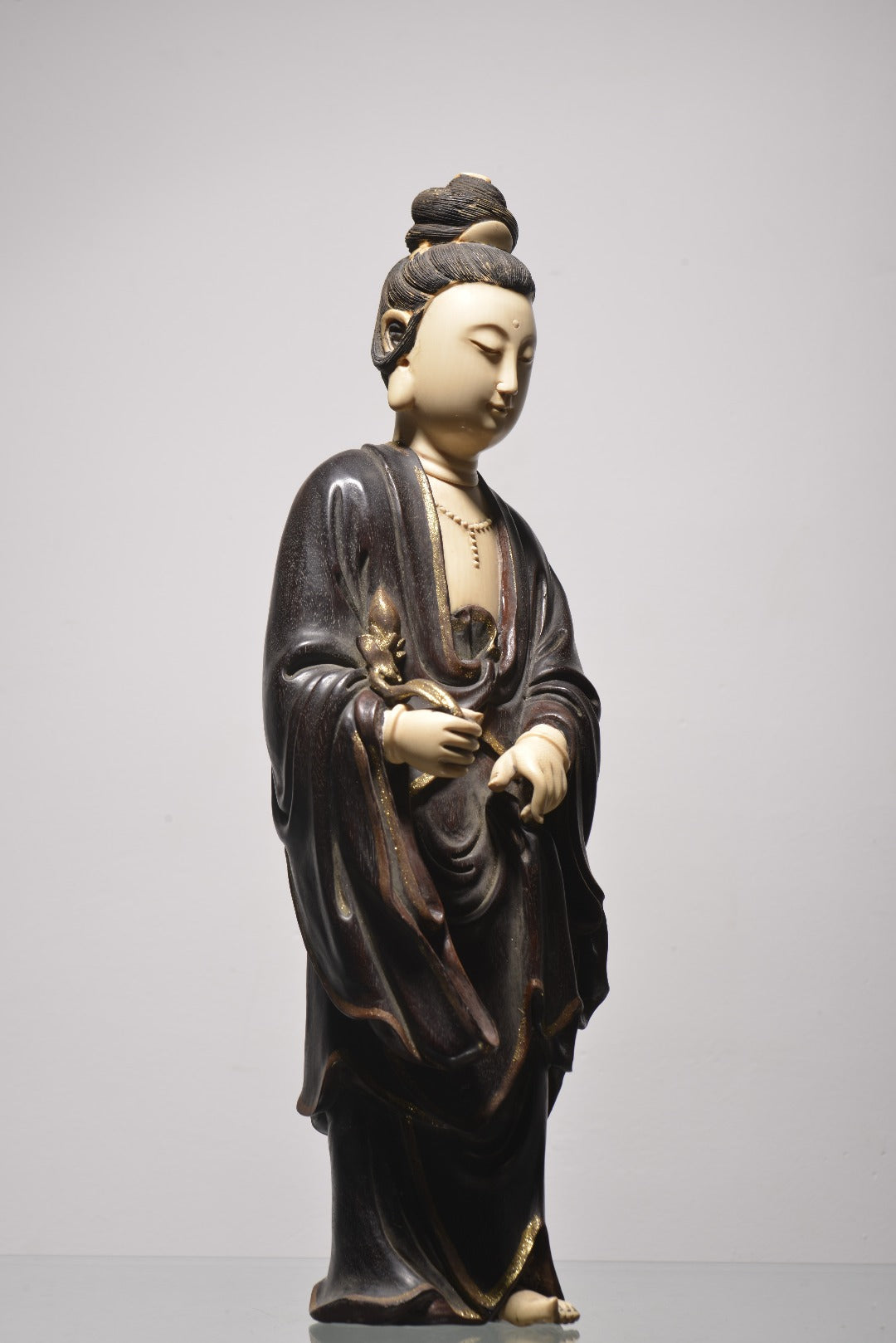 A2121 Chinese Zitan Wood Inlay Shoushan Stone Kwan-yin Statue