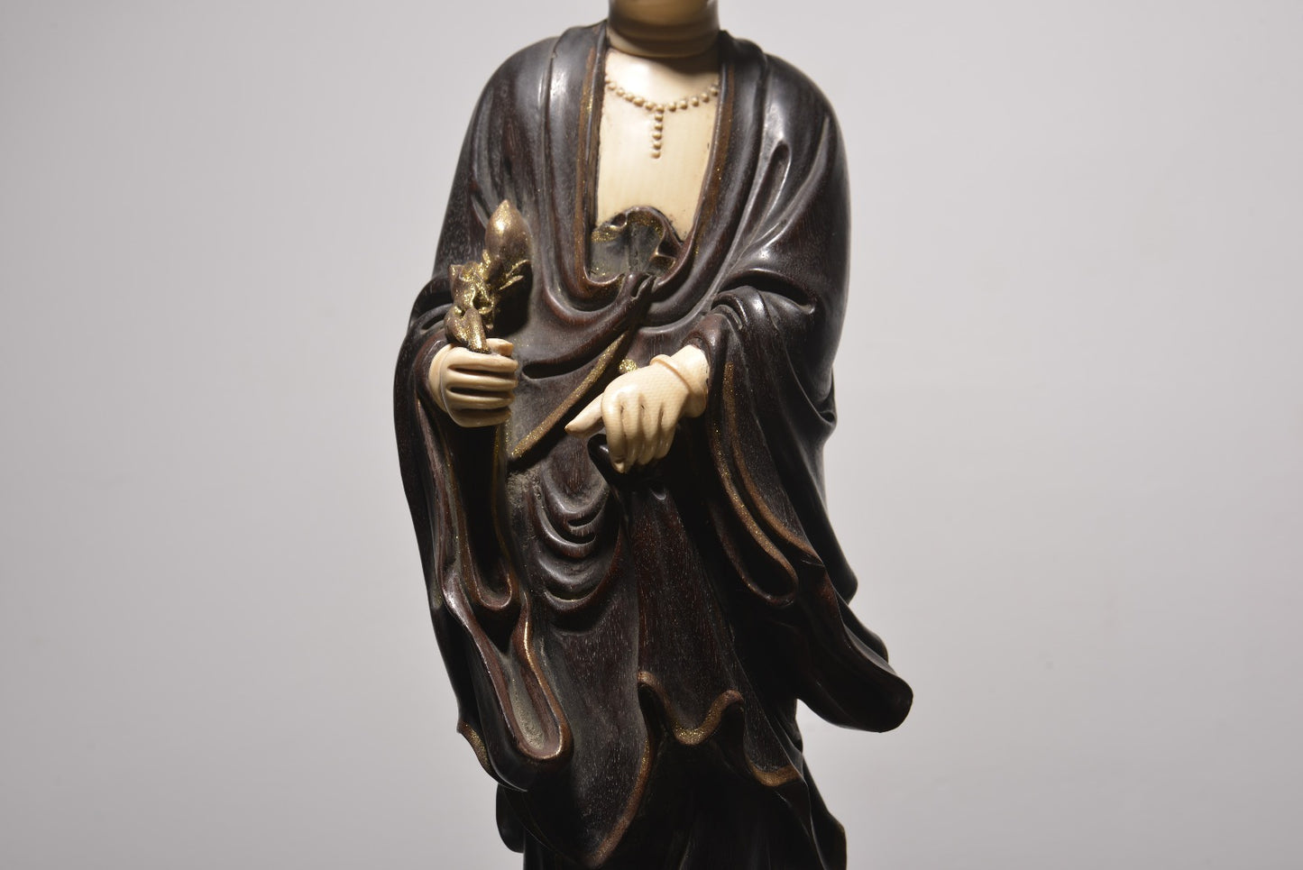 A2121 Chinese Zitan Wood Inlay Shoushan Stone Kwan-yin Statue
