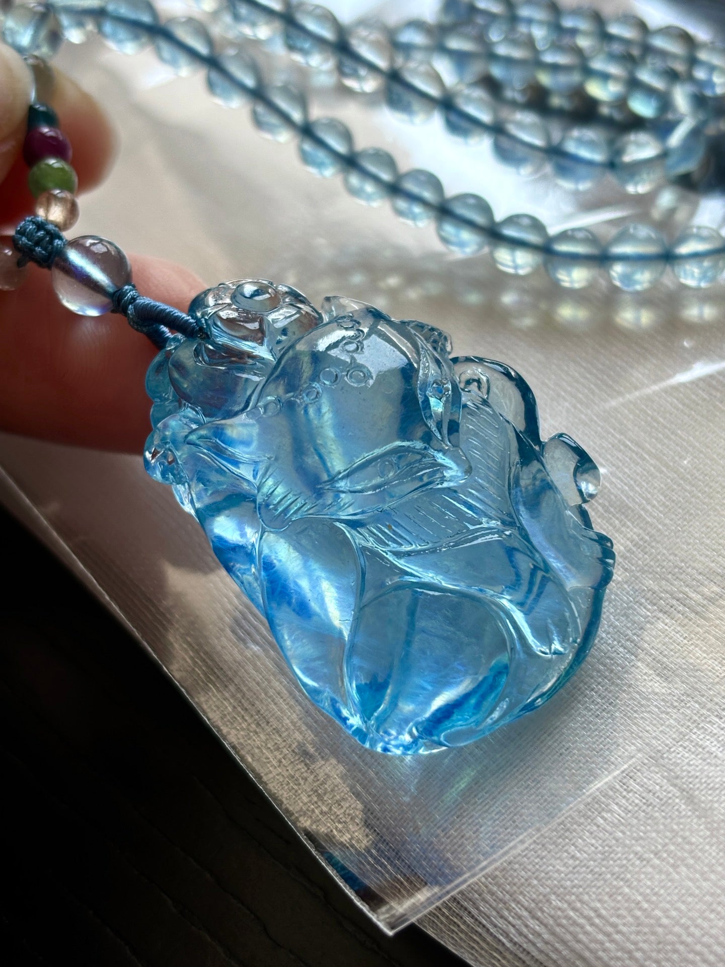 A2122 Beautiful Natural Aquamarine Carved Nine-tailed Fox Pendant w Hand Woven Beads Necklace